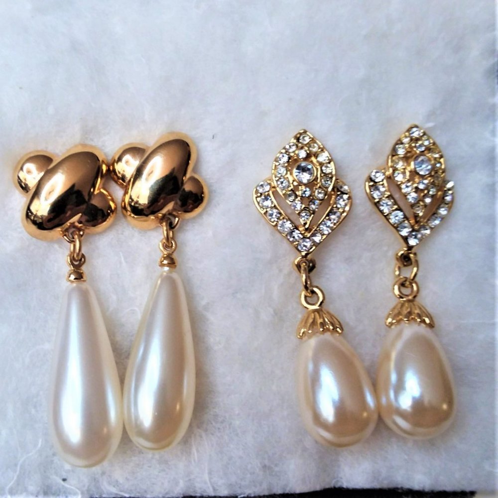 Vintage Earrings Pearl Dangle Gold Rhinestone Glam Classy Formal Stylish Y2K 90s